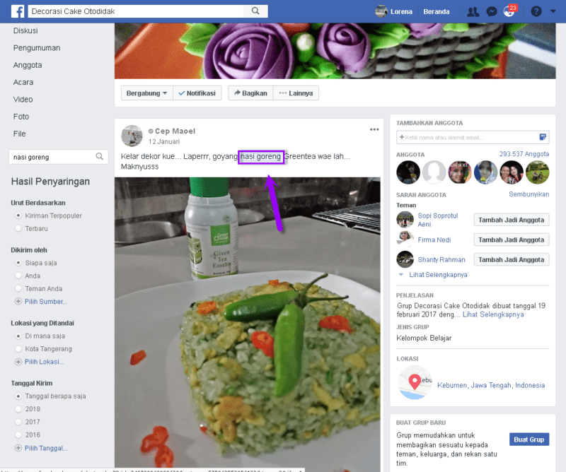 fitur penyaringan atau filter di pencarian facebook