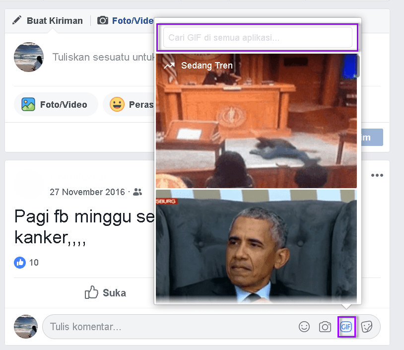 Cara menambahkan komentar Gambar GIF pada Status Teman di Facebook