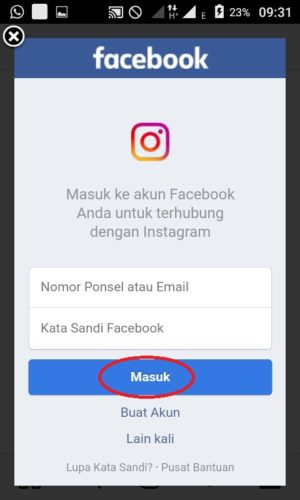 Login Facebook untuk dapat tertaut ke Instagram