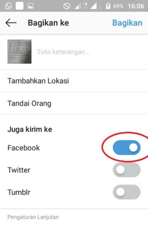 Memastikan bahwa foto atau video telah tertaut ke Facebook sebelum melakukan posting ke Instagram
