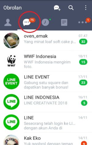 Tampilan tab obrolan pada Line