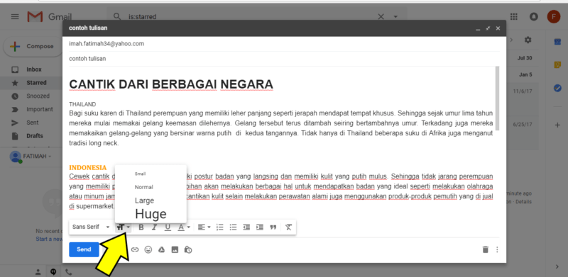 Pilihan font size gmail di destop