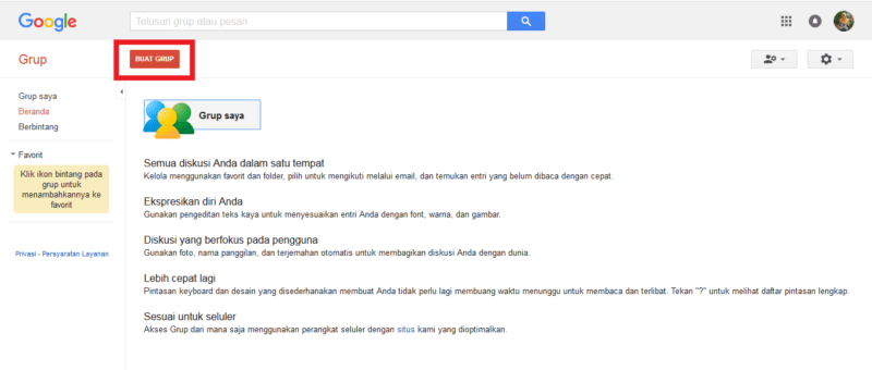 Tampilan halaman awal Google Groups