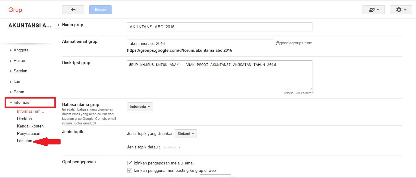 Cara membuat grup milis di Gmail dengan google group 10 "Lanjutan" untuk memunculkan pengaturan jenis grup