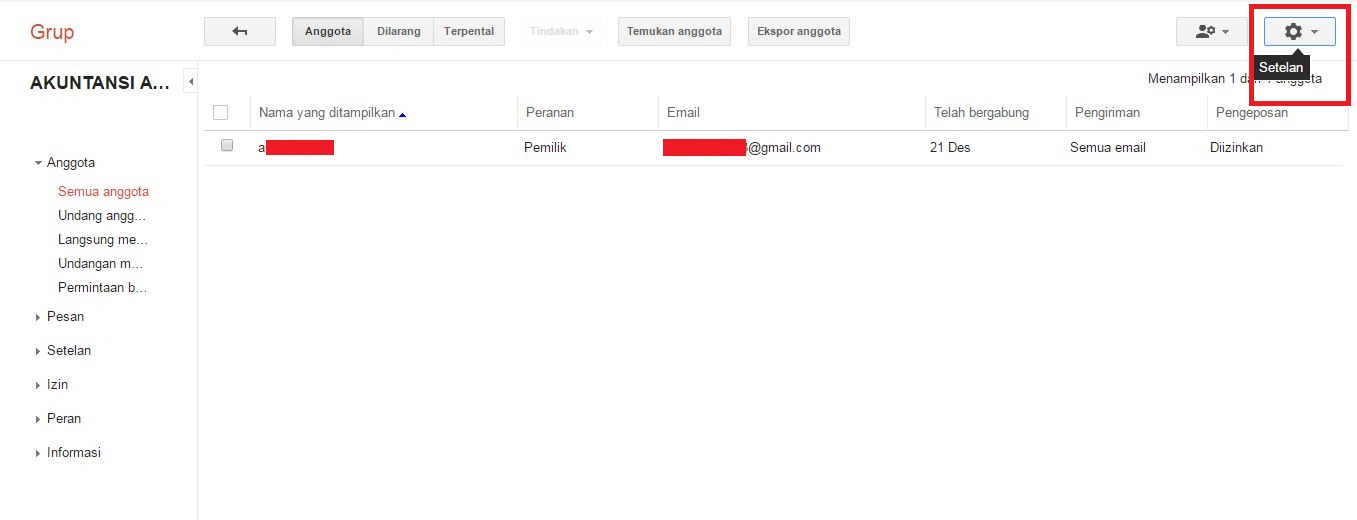 Cara membuat grup milis di Gmail dengan google group 8 Membuka "setelan" untuk mendapatkan menu "Setelan Grup"