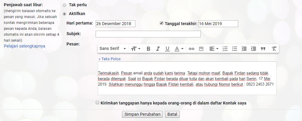 Contoh kalimat balasan email otomatis di berbagai keadaan 