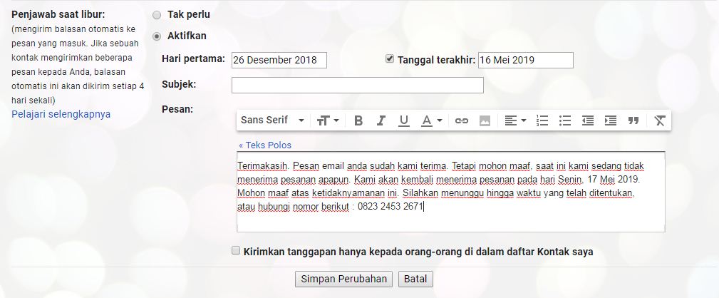 Contoh kalimat balasan email otomatis di berbagai keadaan 