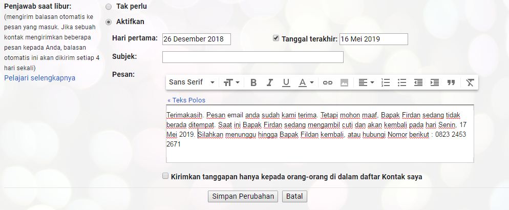 Contoh kalimat balasan email otomatis di berbagai keadaan 