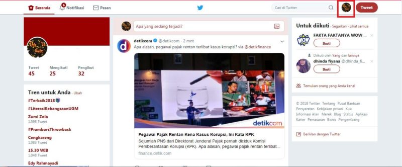 Tampilan beranda setelah berhasil Login Twitter