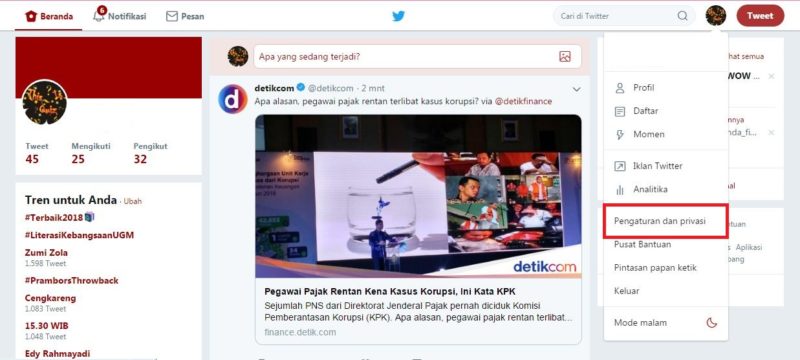 Menu "Pengaturan dan Privasi" pada Twitter