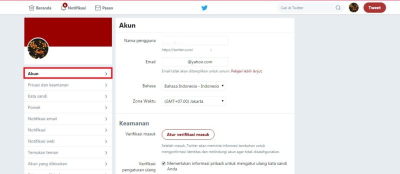 Tampilan menu "akun" pada pengaturan Twitter