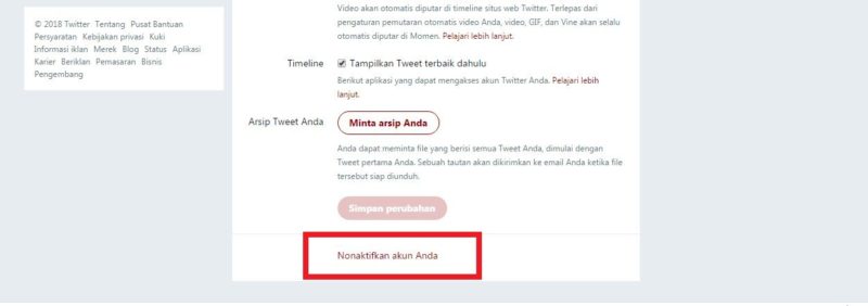 Tampilan button "nonaktifkan akun anda" untuk menonaktifkan akun Twitter