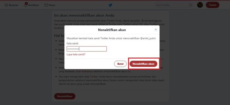 konfirmasi akun Twitter melalui kata sandi sebelum menonaktifkan akun Twitter