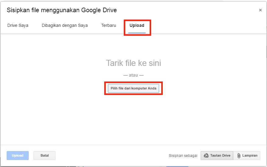 Tampilan halaman untuk mengupload file pada Google Drive