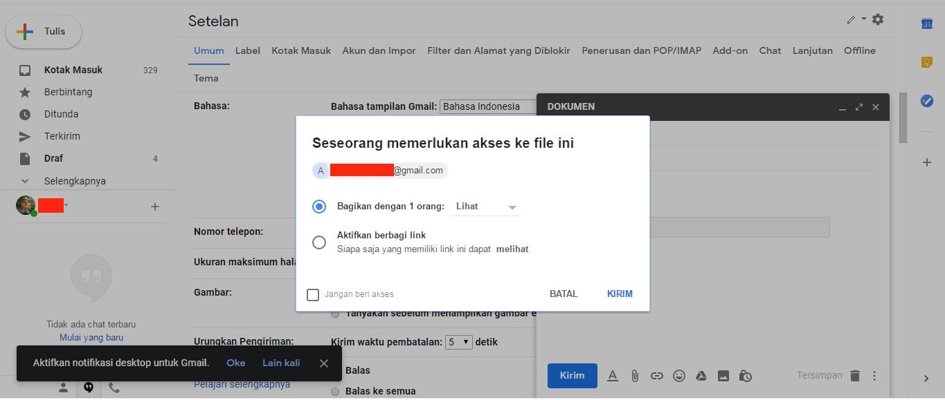 Tampilan pemberitahuan dari Google Drive