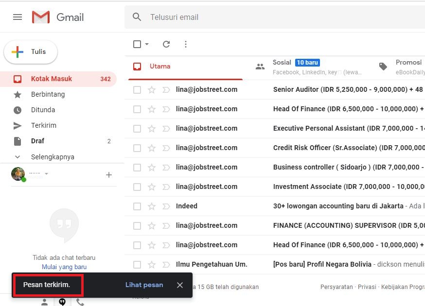 Notifikasi muncul saat email berhasil terkirim