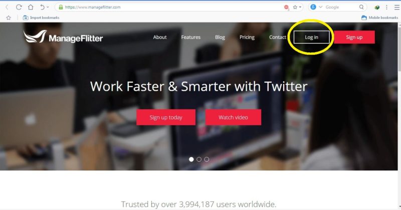 Halaman login Manageflitter