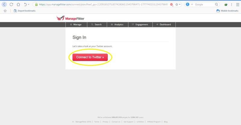 Login akun Twitter melalui Manageflitter