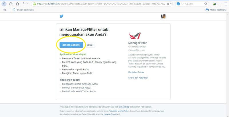 Tampilan saat Manageflitter meminta perizinan untuk mengakses akun Twitter pengguna