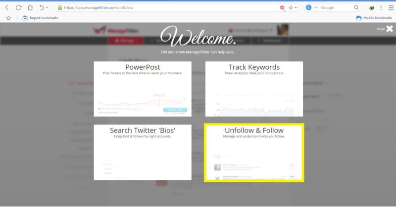 tampilan halaman welcome pada manageflitter.com ketika berhasil login