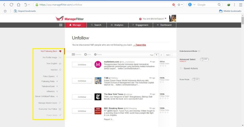 berbagai kriteria yang tersedia untuk memfilter followers dan following akun Twitter