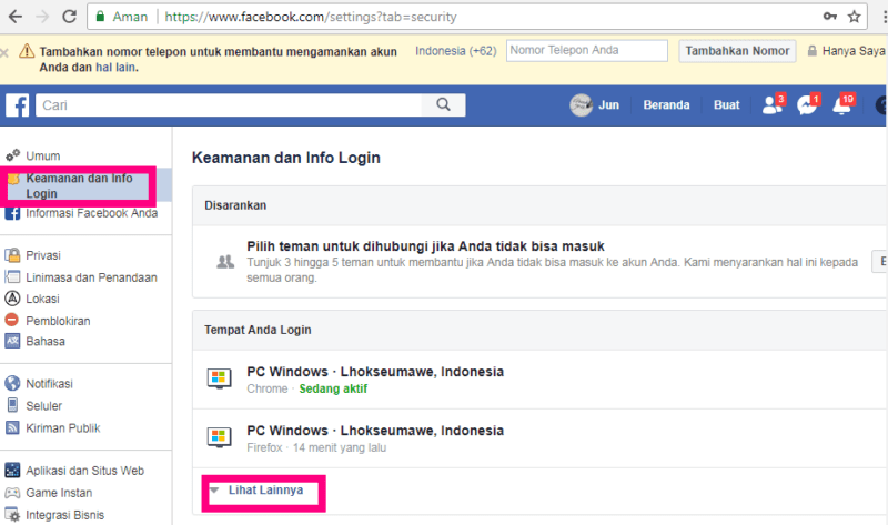 Laman keamanan dan info login