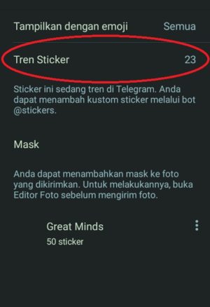 pilih “Tren Sticker” untuk membuka tren stiker pada Telegram
