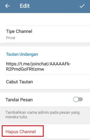 pilih "Hapus channel" untuk mengahapus channel pada Telegram