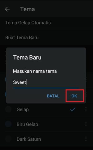 Tampilan saat memasukkan nama untuk tema yang akan dibuat