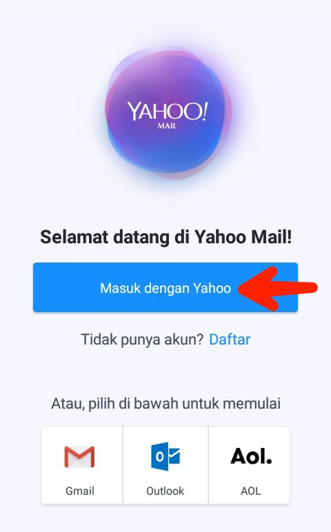 Gambar 3.1 Laman Playstore (ketuk Instal), Buka Aplikasi (Ketuk Menu masuk dengan Yahoo)