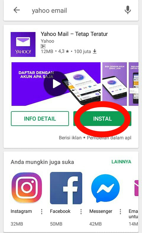 Gambar 3.1 Laman Playstore (ketuk Instal), Buka Aplikasi (Ketuk Menu masuk dengan Yahoo)