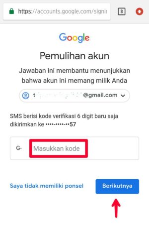 Capture pemulihan melalui nomor ponsel, Paste Kode verifikasi, tap berikutnya