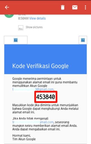 Cek kode verifikasi di email pemulihan