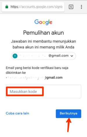 Capture pemulihan melalui email pemulihan, Paste Kode verifikasi, tap berikutnya