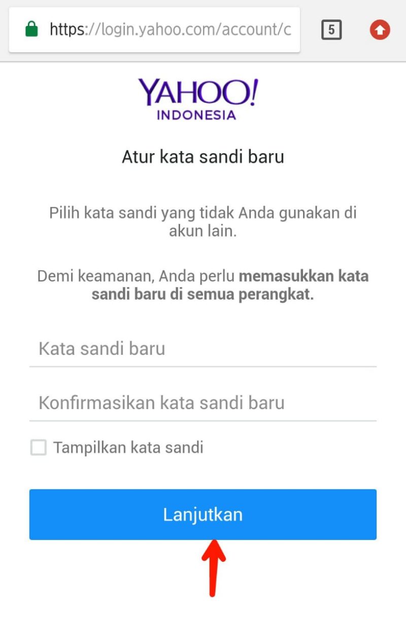 ketik kata sandi yang baru dan konfirmasi