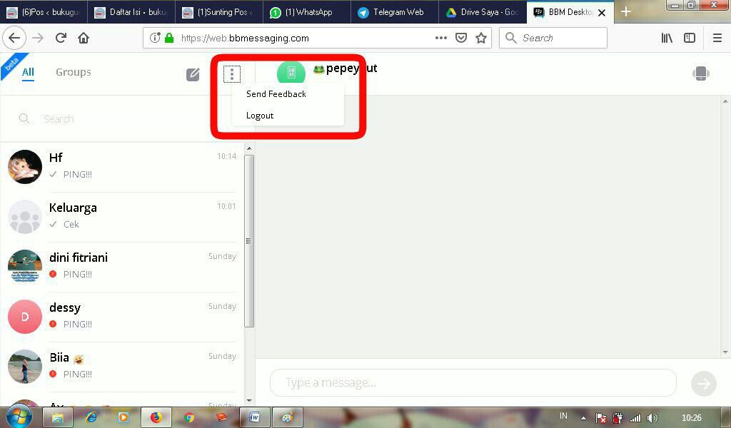 Cara menggunakan BlackBerry Messenger versi Web/Desktop 14 Tool titik tiga (Send feedback dan logout)
