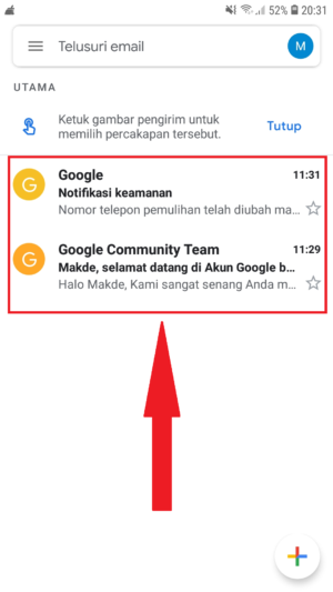 tampilan inbox di aplikasi gmail