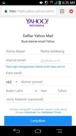 Laman mendaftar email yahoo (data diri)