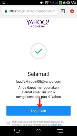 Berhasil membuat akun yahoo di browser HP