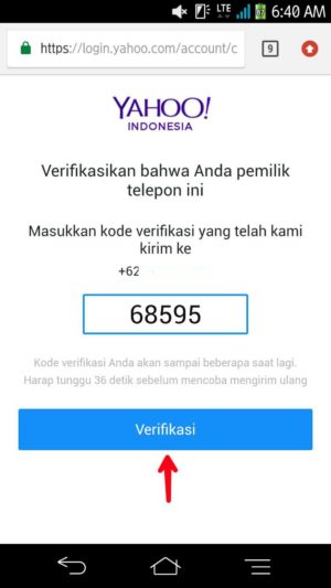 Masukkan kode verifikasi yang dikirimkan pihak Yahoo