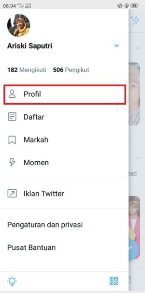 "Profil" untuk masuk ke halaman profil akun Twitter