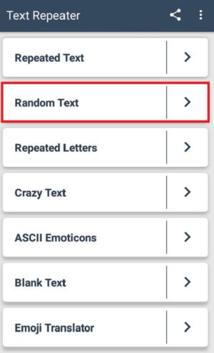 Tampilan menu "Random Text" untuk melakukan bom chat