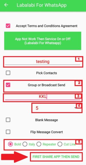 Contoh pengaturan penggunaan aplikasi Labalabi for Whatsapp untuk bom chat grup