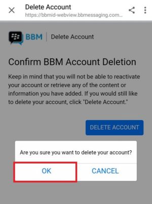 Cara menghapus akun BBM kamu 7 Tampilan Popup konfirmasi penghapusan akun
