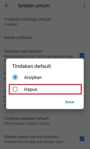 dua opsi yang dapat dipilih untuk mengatur tindakan pada notifikasi