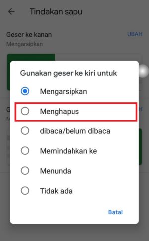 banyak opsi yang bisa dipilih untuk konfigurasi tindakan geser