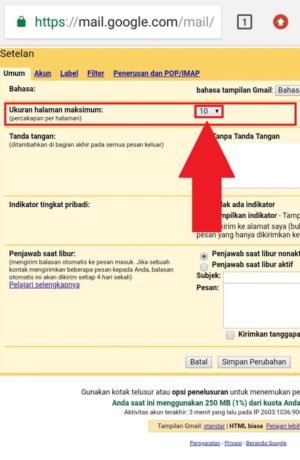 Mengubah tampilan jumlah pesan email dalam satu halaman