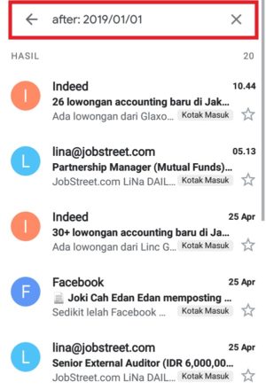 Contoh operator untuk mencari email masuk setelah tanggal tertentu