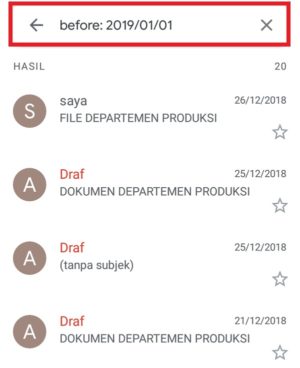 Contoh operator untuk mencari email masuk sebelum tanggal tertentu