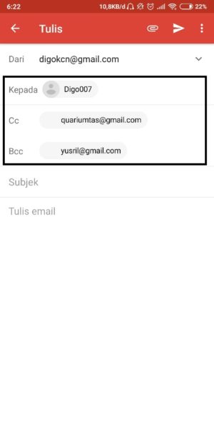 masukkan Penerima, CC, dan Bcc